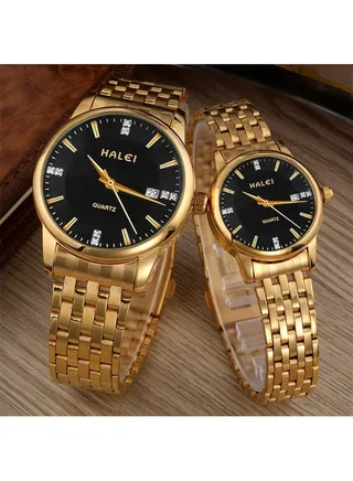 HALEI Luxury Couple Watches Gold Stainless Steel Quartz Calendar Wristwatch Rhinestone His and Her Watch Set 