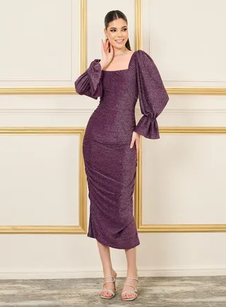 Glitter Ruched Detail Bodycon Midi Dress