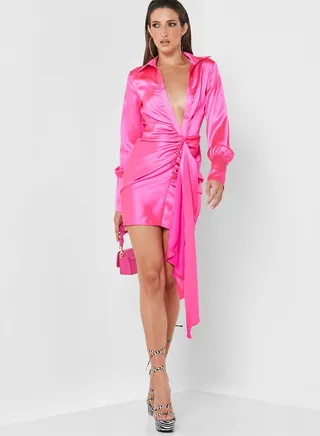 Ruched Satin Drape Front Dress 