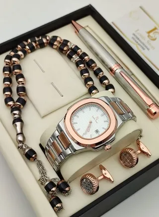 A high-quality, elegant men's watch gift set from Louis Ston, a silver bracelet with a bronze bracelet and a white dial with the date display 