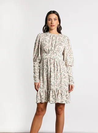 Women's Casual Round Neck Floral Print Long Sleeve Midi Dress 1-Off White/Grey 
