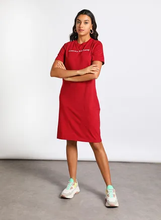 Women's Casual Round Neck Solid Design Short Sleeve Maxi Dress Red 