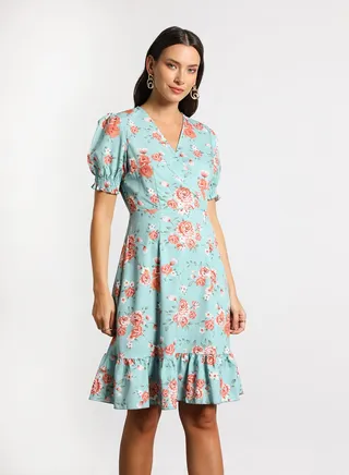 Women's Casual V-Neck Floral Print Short Sleeve Maxi Dress 2-Blue/Pink 