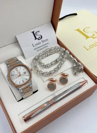 A high-quality, elegant men's watch gift set from Louis Ston, a silver bracelet with a bronze bracelet and a white dial with the date display - Limited edition 