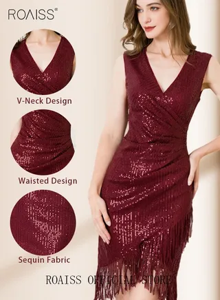 Banquet Party Dress for Women Evening Dresses V Neck Sequins Knee-Length Sleeveless Prom Ball Gown Wedding Elegant Slim Formal Dresses Bridesmaid Dress 