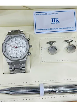 IIK Collection A high-quality, elegant men's watch gift set, a matte silver bracelet with a white dial 