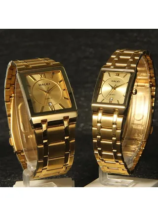HALEI Luxury Couple Watches Gold Stainless Steel Quartz Calendar Wristwatch Rhinestone His and Her Watch Set 