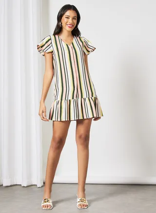 Stripes Printed Ruffle Hem Mini Dress Multicolour 