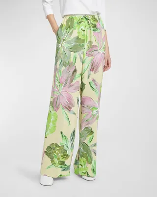 Puvis Floral Jacquard Wide-Leg Pull-On Pants