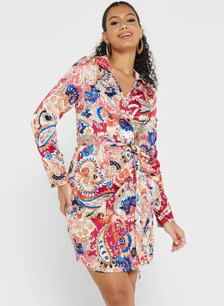 Printed Wrap Mini Dress 