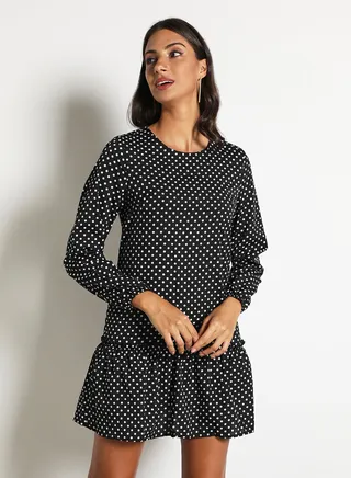 Women's Dot Print Long Sleeve Falbala Bottom Hem Mini Dress Black 