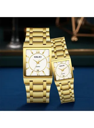 HALEI Luxury Couple Watches Gold Stainless Steel Quartz Calendar Wristwatch Rhinestone His and Her Watch Set 