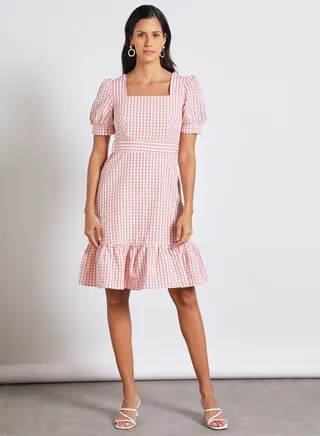Women's Casual Square Collar Check Design Short Sleeve Maxi Dress With Waist Belt 1-Pink Check/White 