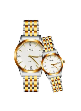HALEI Luxury Couple Watches Gold-Silver Stainless Steel Quartz Calendar Wristwatch Rhinestone His and Her Watch Set 