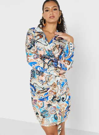 Printed Wrap Mini Dress 