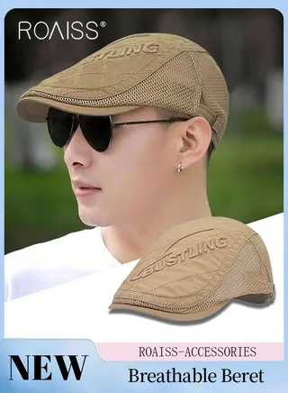 Adjustable Newsboy Cap for Men Vintage Beret Flat Cap Breathable Mesh Hat Mens Summer Cotton Hat Golf Fishing Hat (Khaki, One Size) 