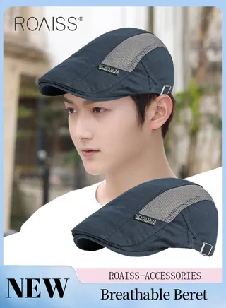 Adjustable Newsboy Cap for Men Vintage Beret Flat Cap Breathable Mesh Hat Mens Summer Cotton Hat Golf Fishing Hat (Navy Blue, One Size) 