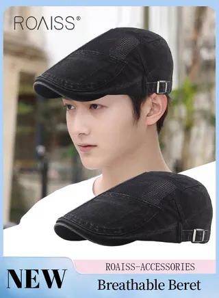 Adjustable Newsboy Cap for Men Vintage Beret Flat Cap Breathable Mesh Hat Mens Summer Cotton Hat Golf Fishing Hat (Black, One Size) 