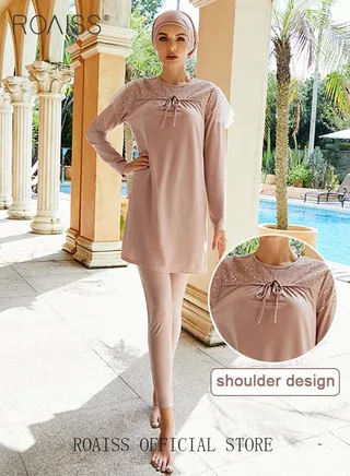 3 Pieces Muslim Fashion Ladies Swimwear Islamic Slim Three-piece Swimsuit Elasticity Sun Protection Fully Covered Burkini Arab Modest Swimming Clothes for Women 