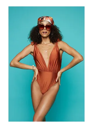 Tan Plunge Metallic Swimsuit 