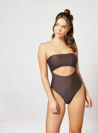 Strapless Cutout Detail Swimsuit Brown 