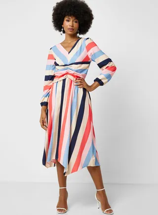 V Neck Stripe Printed Dress 