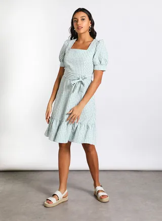 Women's Casual Square Collar Check Design Short Sleeve Maxi Dress With Waist Belt Green/White 