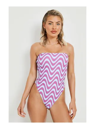 Wavy Print Bandeau Strap Swimsuit 