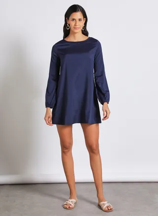 Casual Polyester Blend Long Sleeve Mini Dress With Boat Neck Navy Blue 