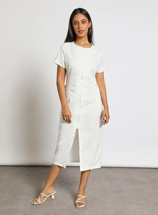 Casual Short Sleeve Front Slit Midi Dress White 