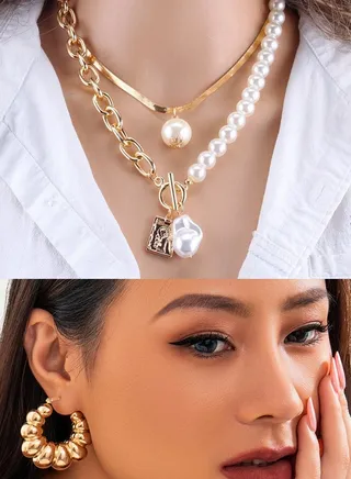 2PCS Gold-color Necklace Hip Hop Style Baroque Faux Pearls Head Square Pendant earrings Jewelry 