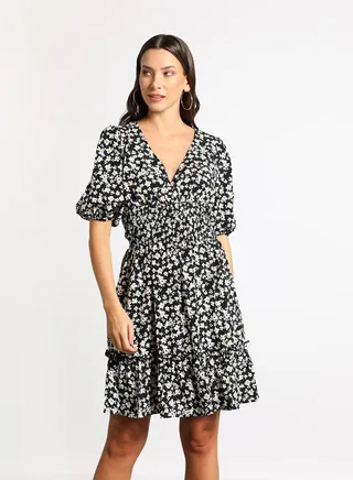Women's Casual V-Neck Floral Print Half Sleeve Midi Dress Black/White 