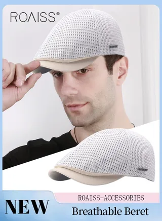 Adjustable Newsboy Cap for Men Vintage Beret Flat Cap Breathable Mesh Hat Mens Summer Hat Golf Fishing Hat (Beige, One Size) 