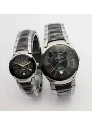 Watch set, ceramic design, Eddo shape, stainless steel bracelet, for couple 