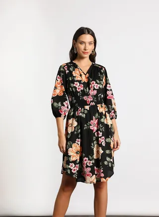 Women's Casual V-Neck Floral Print Long Sleeve Maxi Dress 2-Blackprint/Pink/Orange 