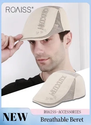 Adjustable Newsboy Cap for Men Vintage Beret Flat Cap Breathable Mesh Hat Mens Summer Cotton Hat Golf Fishing Hat (Beige, One Size) 