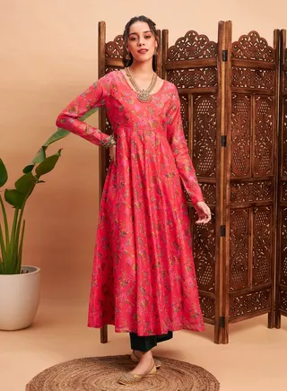 Floral Print Chanderi Pleat Detail Anarkali Maxi Kurta 