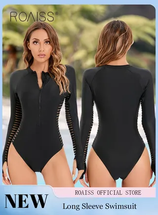 Women One Piece Swimsuit with High Slit Shorts One Piece Beachwear Women Long Sleeved Sun Protection Surfing Wetsuit 