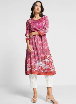 Crew Neck Floral Printed Kurti 