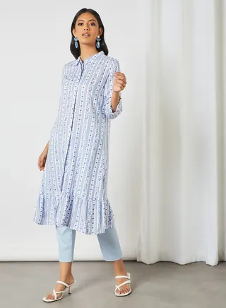Ruffle Hem Collared Kurta Blue 