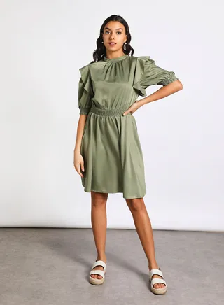 Women's Casual Solid Design Half Sleeve Maxi Dress 2-Olive 