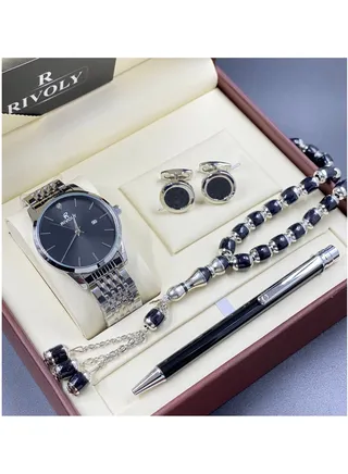 Men's stainless steel set consisting of a watch, a pen and cufflinks 