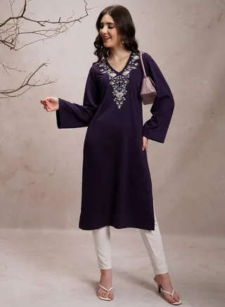 Embroidered V Neck Straight Fit Kurta 