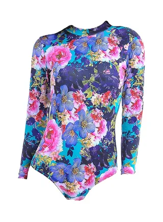 Vintage Blossom Long Sleeve Zip Back One Piece Swimsuit Set Multicolor 