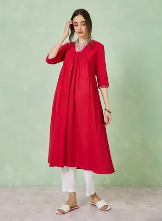 Cotton Embroidered Neck A-Line Kurta with Pocket Detail 