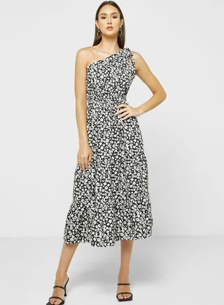 One Shoulder Floral Print Dress 