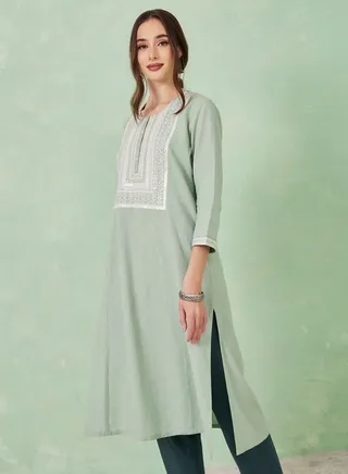 Cotton Embroidered Kurta with Side Slit 