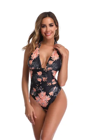 Chrysanthemum Print Backless Padded Swimsuit Black 