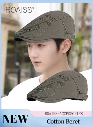 Adjustable Newsboy Cap for Men Vintage Beret Flat Cap Breathable Hat Mens Summer Cotton Hat Golf Fishing Hat (Army Green, One Size) 