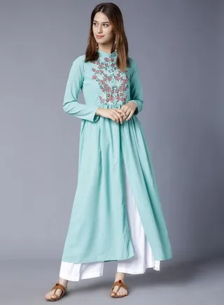 Embroidered Mandarin Collar Button Closure Anarkali Kurta with Front Slit 
